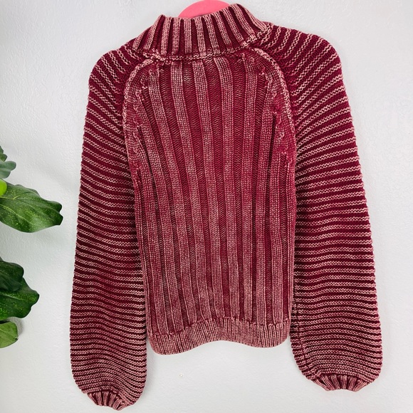 Free People Chunky Knit Sweetheart Sweater In Dark Wash Burgundy Red - Picture 7 of 8